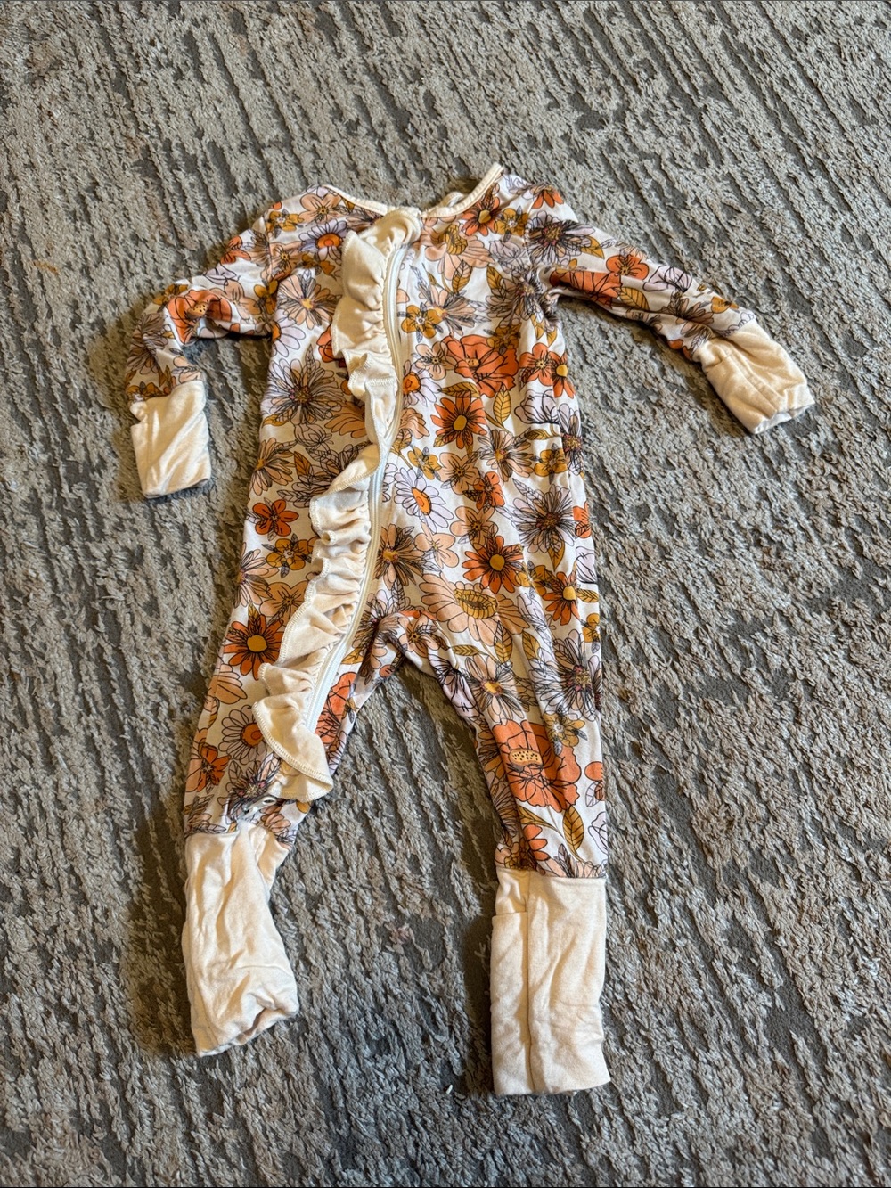 Floral Ruffle Zip Kids One-Piece - Orange & Cream bamboo pajama 6-9 month